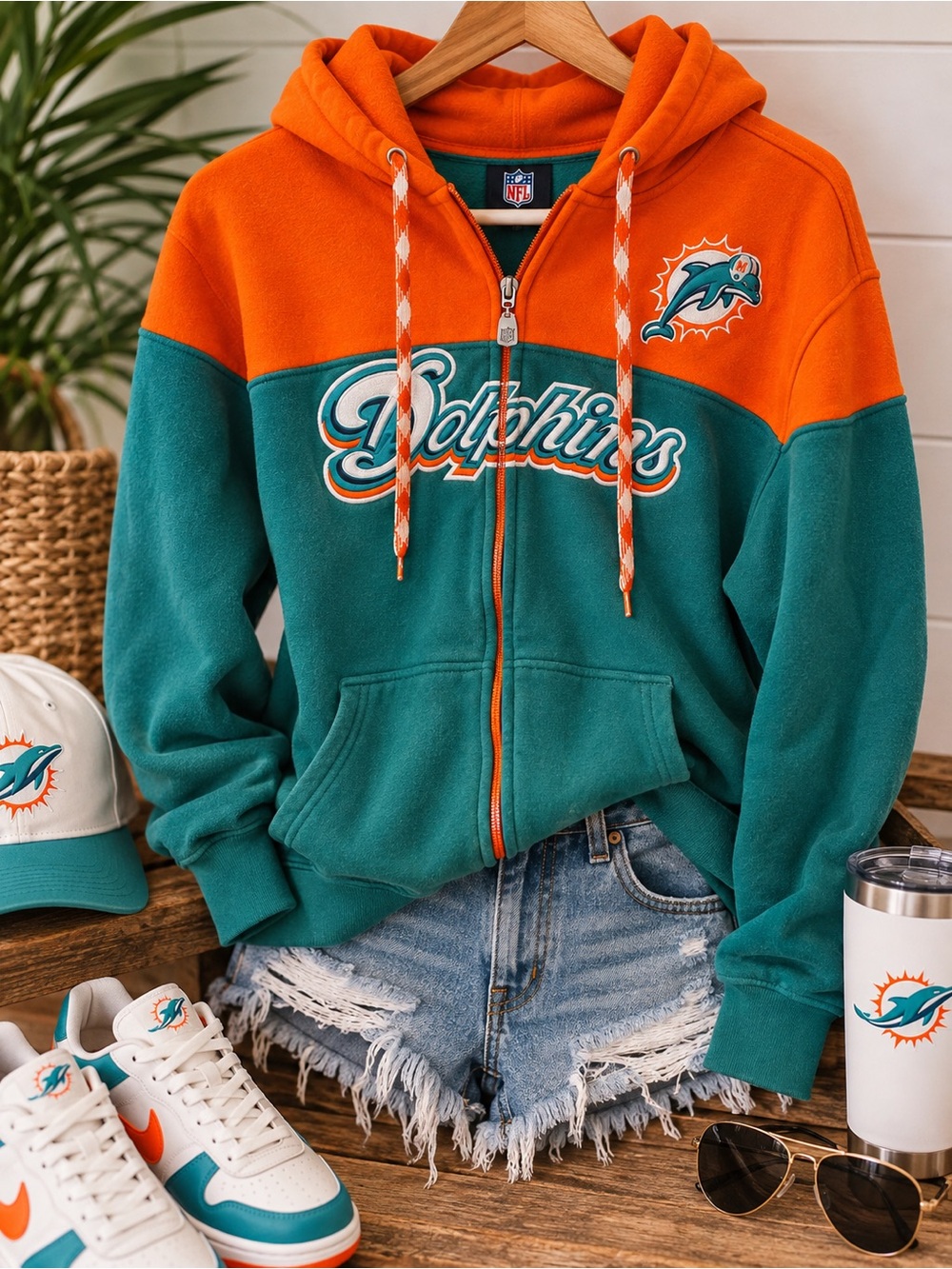 NFL Teal and Orange Miami Dolphins Full-Zip Hoodie Jacket. Vintage